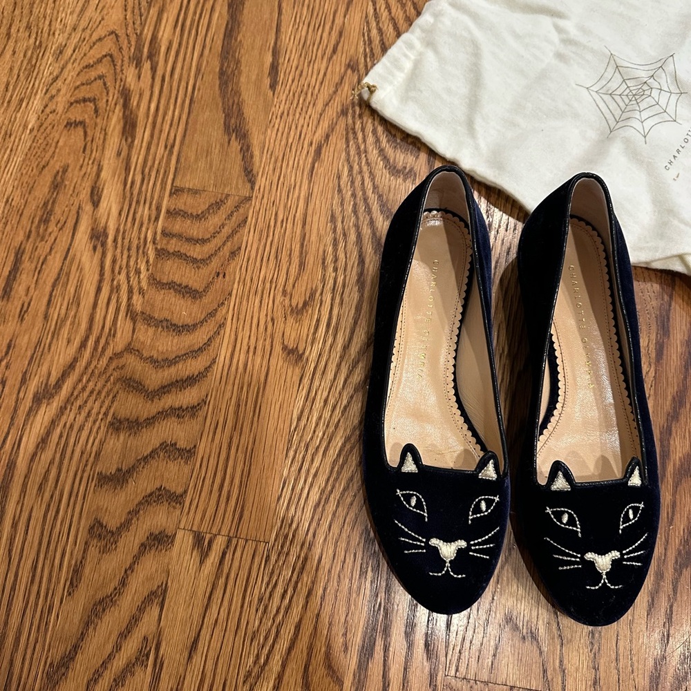 Charlotte Olympia Navy Cat Embroidered Women's Shoes